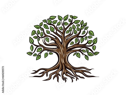 Doodle Tree with roots, cartoon sticker, sketch, vector, Illustration, minimalistic