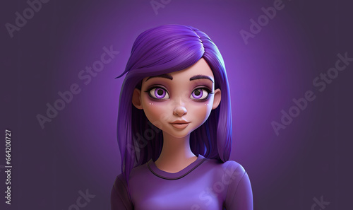 3d cute girl character in cartoon style with violet hair and big eyes isolated on purple background. Generative Ai © Elena