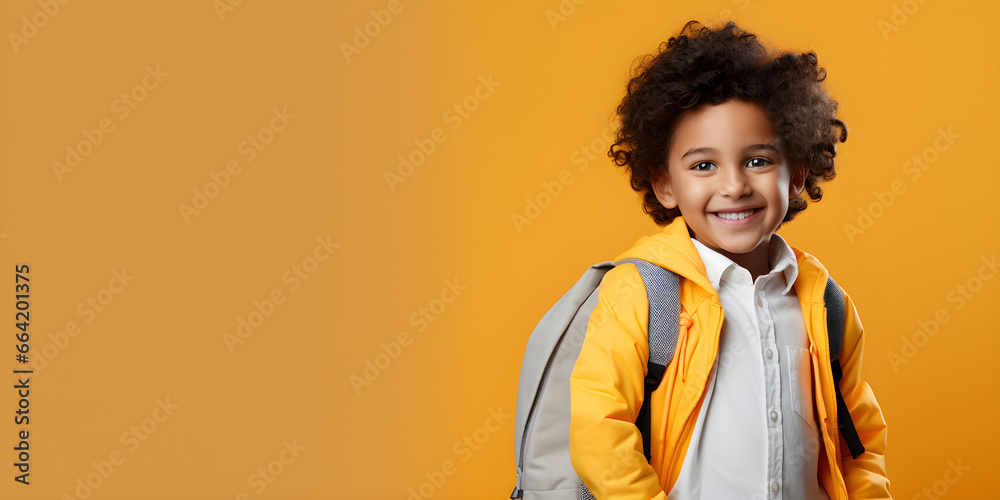 boy student with backpack smiling for back to school, isolated on yellow studio background with copy space boy student with backpack smiling for back to school, isolated on yellow studio background with copy space