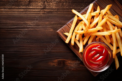 Tasty french fries, ketchup on wooden table, top view