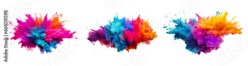 colorful vibrant rainbow Holi paint color set powder explosion with bright colors isolated white background.	