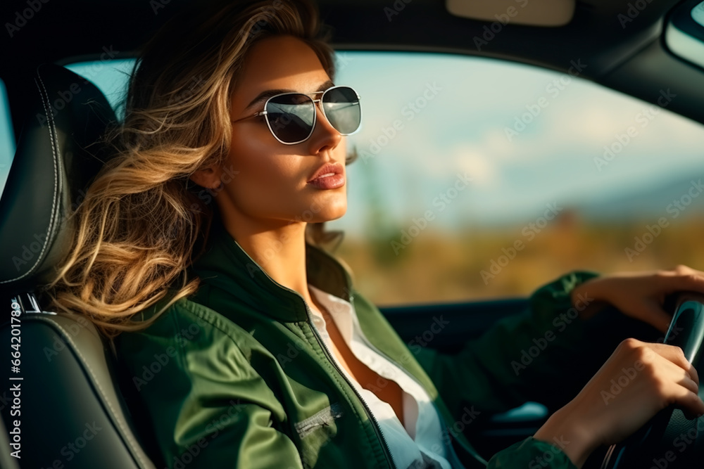 Confident, beautiful woman in a car