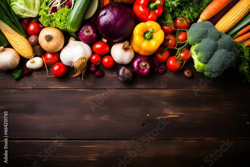 Top view and flat lay of vegetables, greens on dark wooden background, copyspace, generative AI