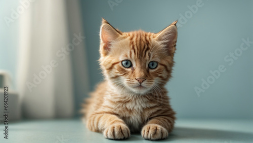 kitten isolated on a light blue background. Backdrop with copy space