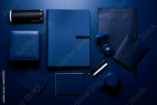 Blue monochrome desk with stationery, flat lay , generative AI
