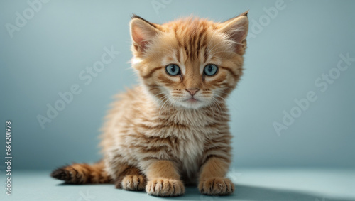 kitten isolated on a light blue background. Backdrop with copy space