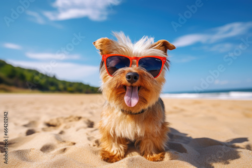 a cute dog with sunglasses on the sand beach on a sunny day enjoying vacation © Kien