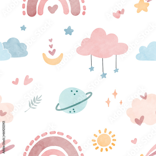 Seamless pattern boho rainbow and cute elements. Watercolor Illustration © Stella