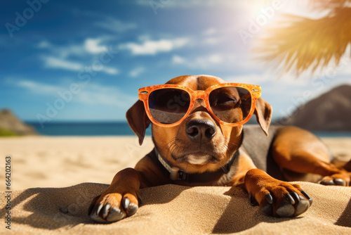 a cute dog with sunglasses on the sand beach on a sunny day enjoying vacation © Kien