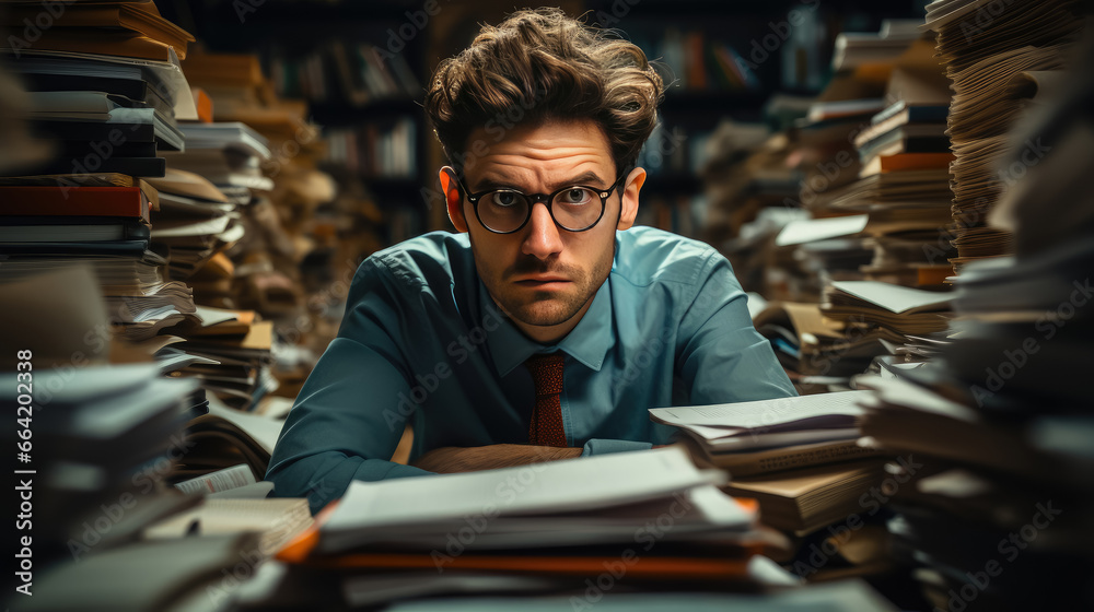 Business man whose desk is full of documents at work , Businessman stressed with stack of paperswork Business man whose desk is full of documents at work , Businessman stressed with stack of paperswork