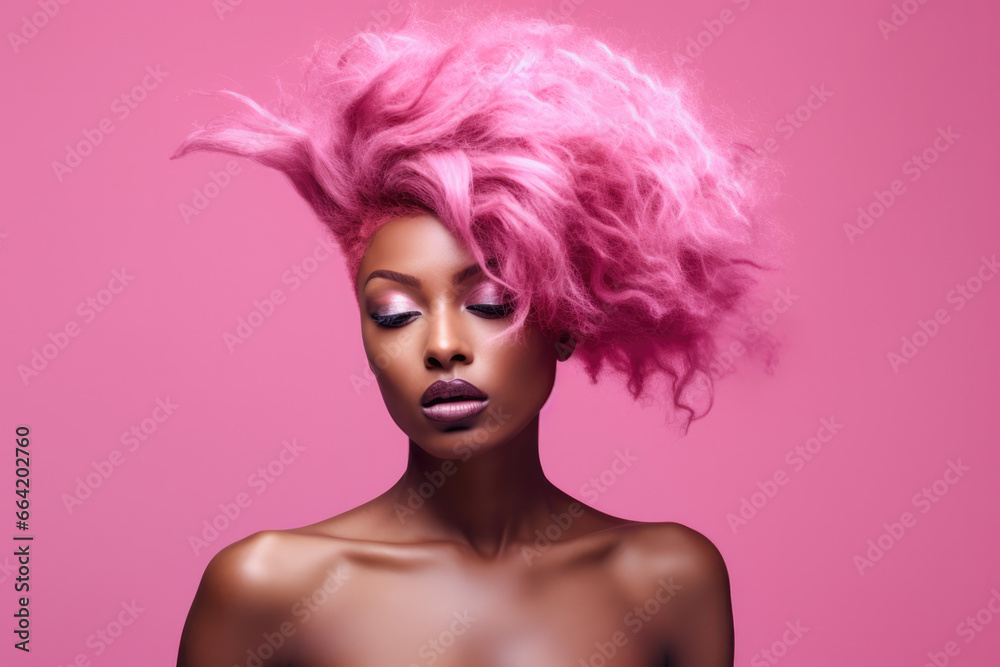 Young African American pink haired woman on a clean background