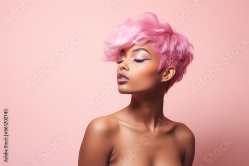 Young African American pink haired woman on a clean background