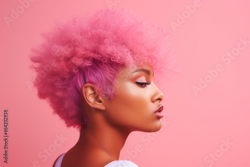Young African American pink haired woman on a clean background