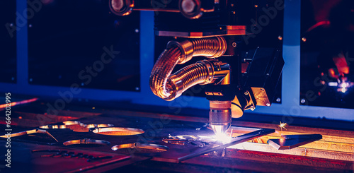 Metallurgy milling plasma cutting of metal CNC Laser engraving. Concept background modern industrial technology banner, blue toning