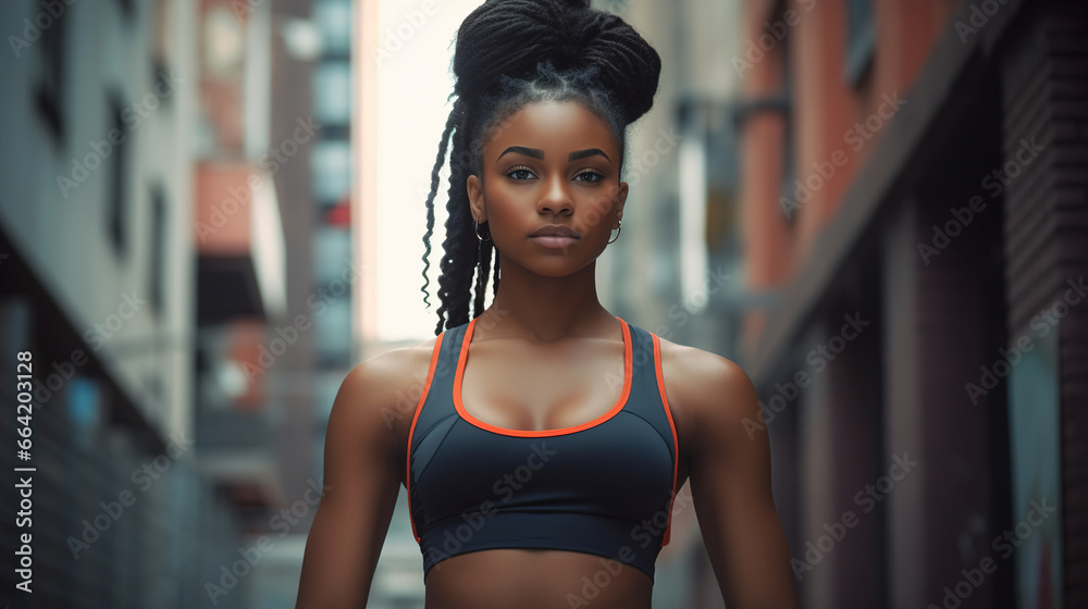 Pretty afro american woman athlete in tank top outdoors looking at camera, training outdoors