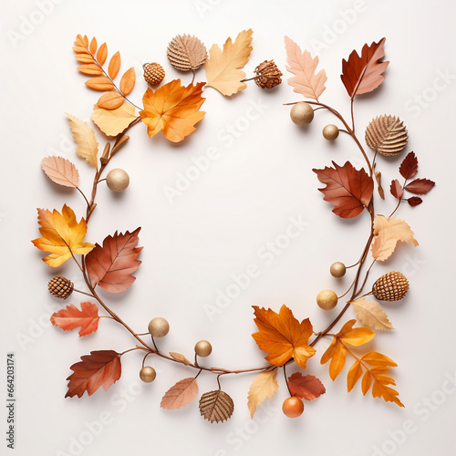 Frame made of autumn leaves on white background. generative ai 