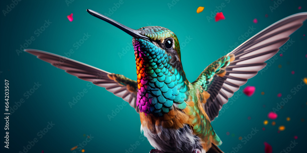 Obraz premium close up studio shot of hummingbird in flight isolated on blue colour background