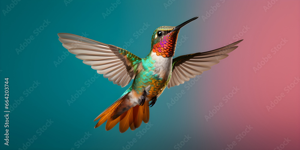 Obraz premium studio shot of hummingbird in flight isolated on colour background