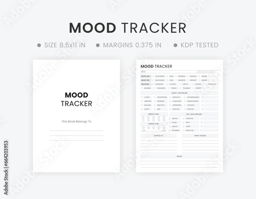 Mood Tracker Journal Page. Black and White Color Printable Minimalist Mood Board Template Design