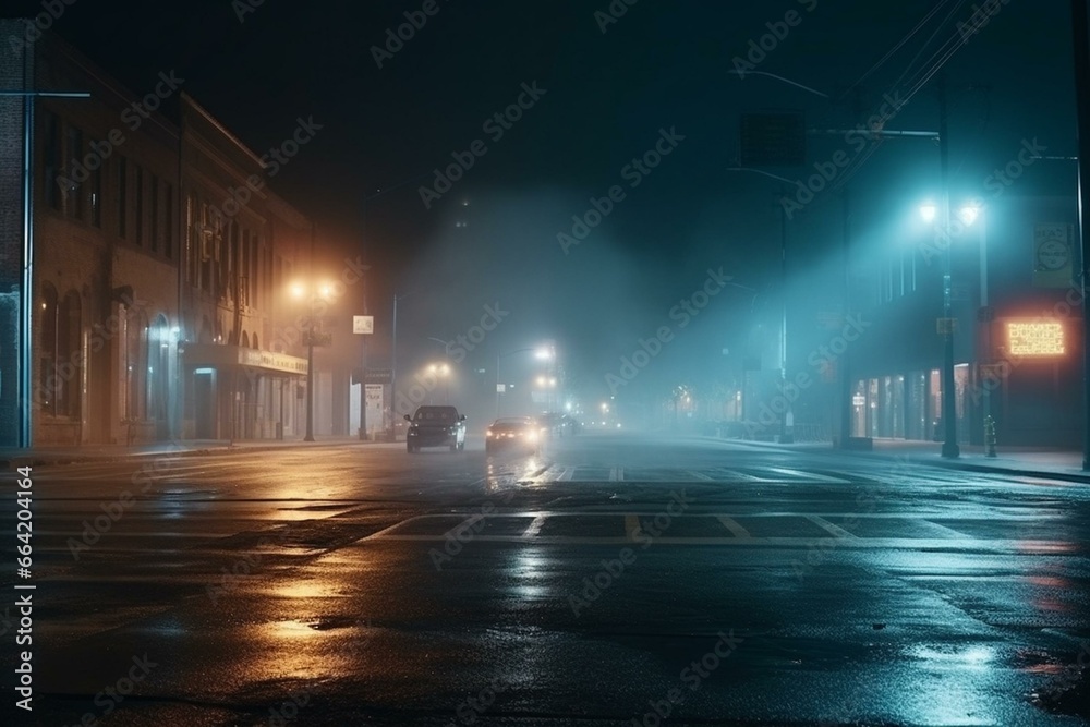 Nighttime cityscape with searchlight, smoke, wet asphalt, neon lights, and a dark empty street. Generative AI