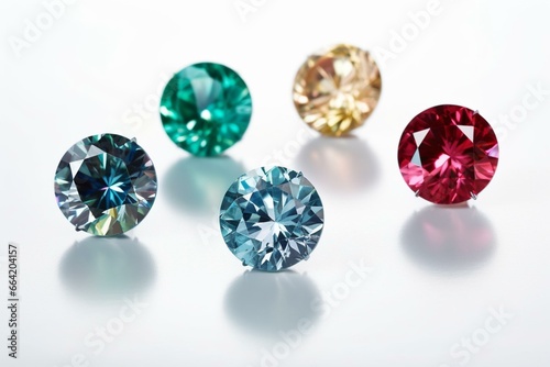 Six vivid  colorful round diamonds showcased in side view on a white background. Generative AI