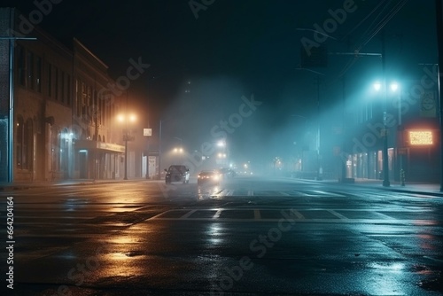 Nighttime cityscape with searchlight  smoke  wet asphalt  neon lights  and a dark empty street. Generative AI