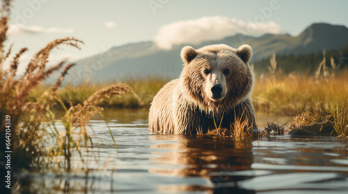 A bear in a landscape stands in the water photo