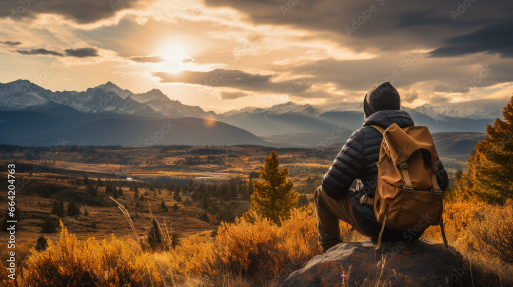 Back view of a man with a backpack sitting on a rock and looking at the landscape - obrazy, fototapety, plakaty 