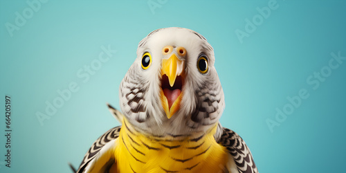 funny studio portrait of budgie bird isolated on blue background photo
