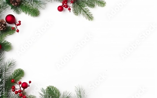 Happy Merry Christmas poster. Decorated pine tree twigs for a wreath on a white background, copy space at the right. AI Generative