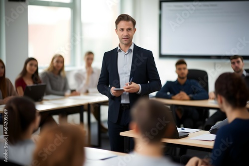 a male trainer conducting a IT businesses training in a class photo