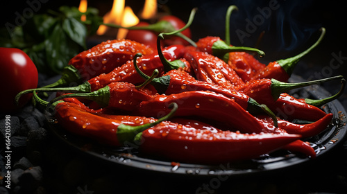 Spicy and red hot roasted chili peppers