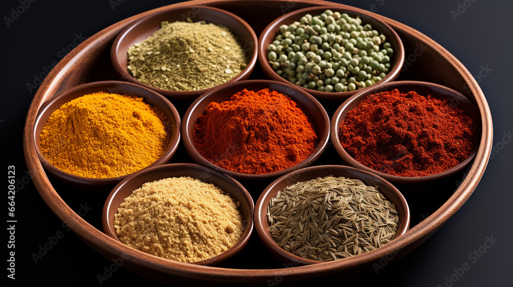 Spice Collection. Dry Seasoning Mix, Condiments Set, Crushed Spicy Seeds and Herbs