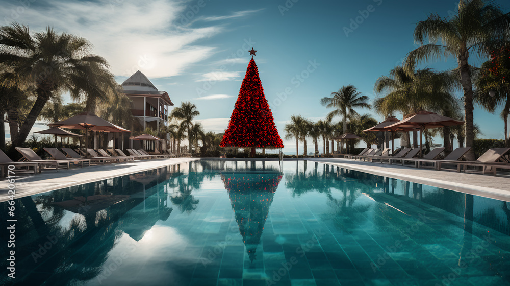 Red Christmas tree - swimming pool - Christmas decorations - resort - tropical - getaway - trip - travel - holiday - vacation - escape 