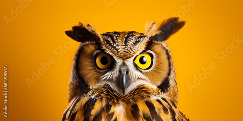 colourful studio portrait of owl isolated on yellow background