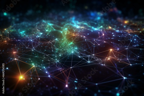 Visualization of interconnected nodes in a digital network. Vibrant glowing backdrop. Generative AI