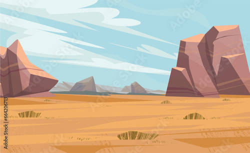 Desert landscape with golden sand dunes and stones under blue cloudy sky. Hot dry deserted african or mexican nature background with yellow sandy hills parallax scene, Cartoon vector illustration