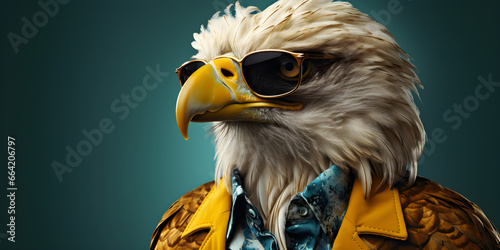 funny studio portrait of eagle wearing a sunglasses and jacket isolated on bluebackground photo