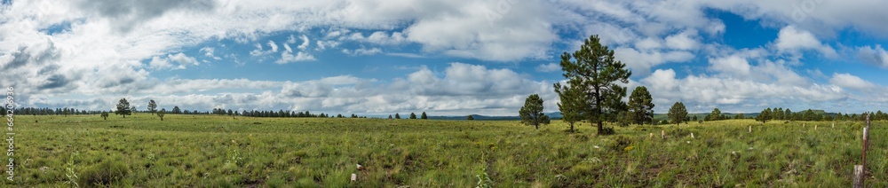 Panoramic view of big clouds over green meadows in Arizona