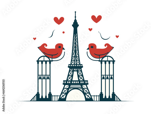 Doodle Eiffel Tower with lovebirds, cartoon sticker, sketch, vector, Illustration, minimalistic