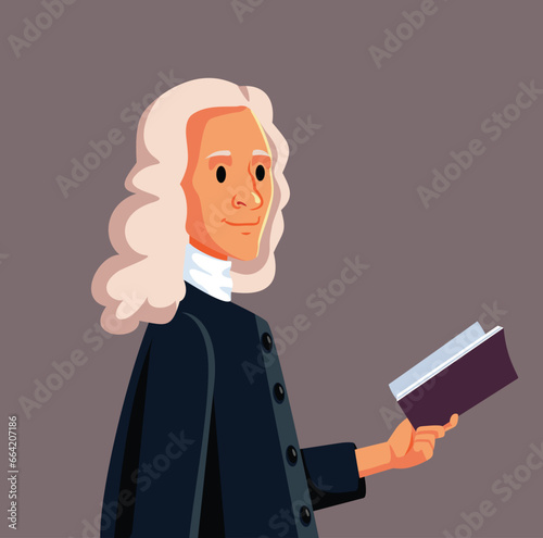 French Enlightenment Writer Voltaire Vector Caricature Illustration. Intellectual man holding a book reading quotes of wisdom
