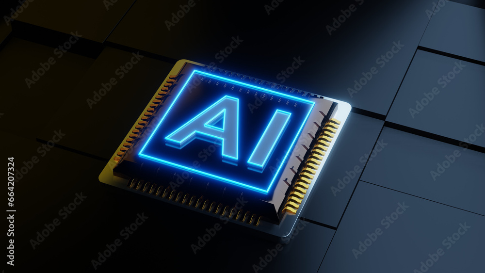 Fototapeta premium Computer chip with sigh in neon light 3d render