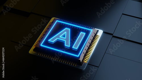 Computer chip with sigh in neon light 3d render