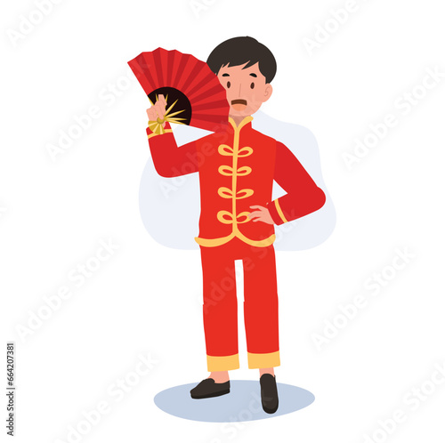  Smiling Child in Chinese Traditional Costume with Fan