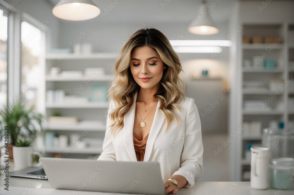 beautiful woman using a laptop Managing a pharmacy store beautiful woman using a laptop Managing a pharmacy store