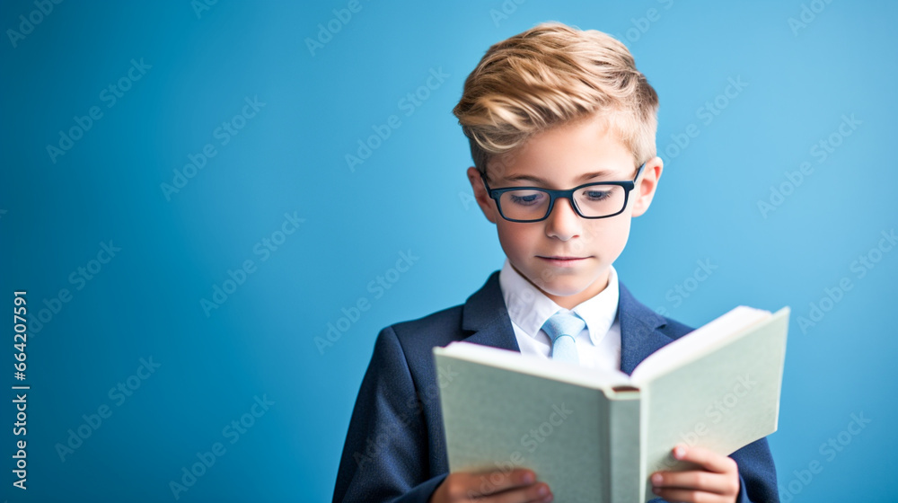 A candid portrait of a young student, engrossed in reading a book, framed against a calming blue background, copy space. A candid portrait of a young student, engrossed in reading a book, framed against a calming blue background, copy space.