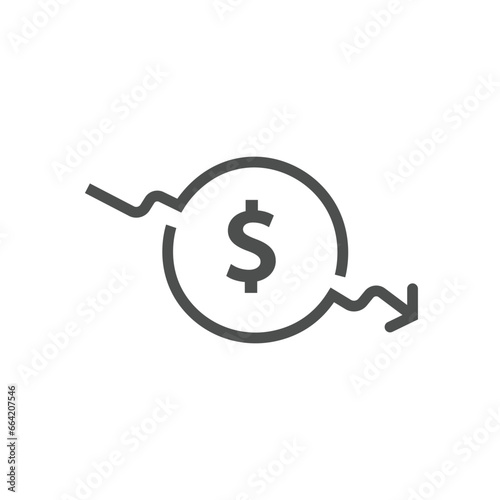 Dollar rate decrease vector line icon. Money symbol with down arrow. lower cost icon. Business loss crisis decline vector illustration. Editable stroke