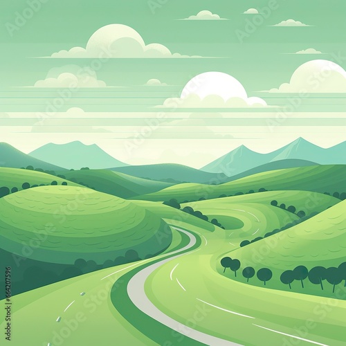 Green Rolling Hills in the Background, Paved Road in the Foreground.