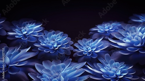 Black and blue flower in night, transparency, symbolic, contrast, macro, fantasy, minimalism , chrysanthemum, generative ai
