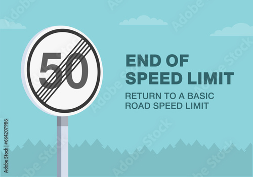 Safe driving tips and traffic regulation rules. End of speed limit, return to a basic speed limit road sign. Close-up view. Flat vector illustration template.